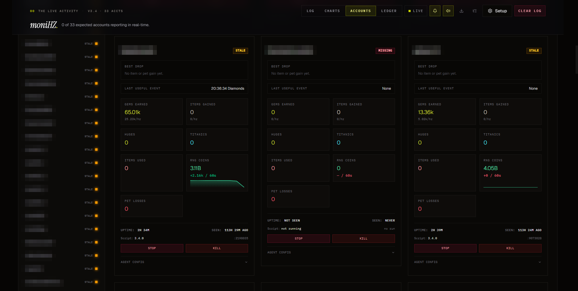 moniHZ accounts view: per-client roster with health badges, uptime, last-seen, and per-client metrics and controls