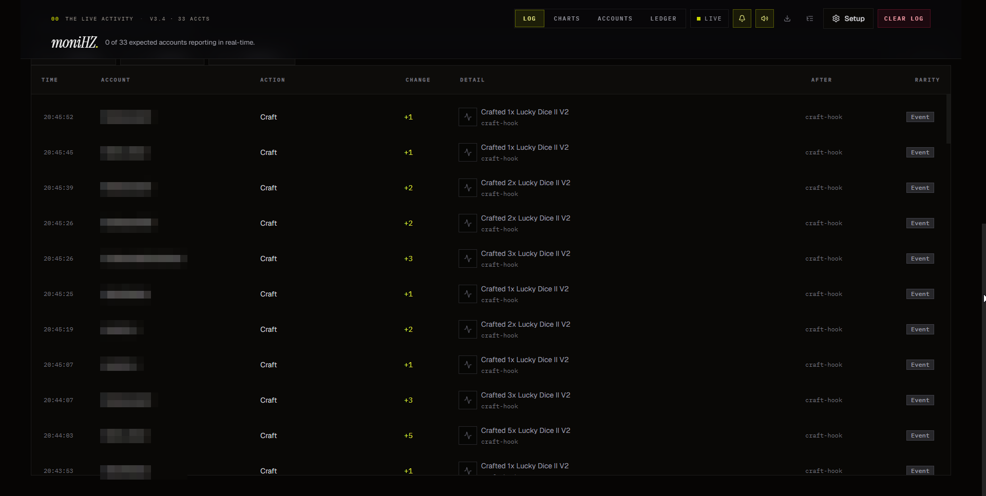 moniHZ event log: timestamped per-client events with source attribution