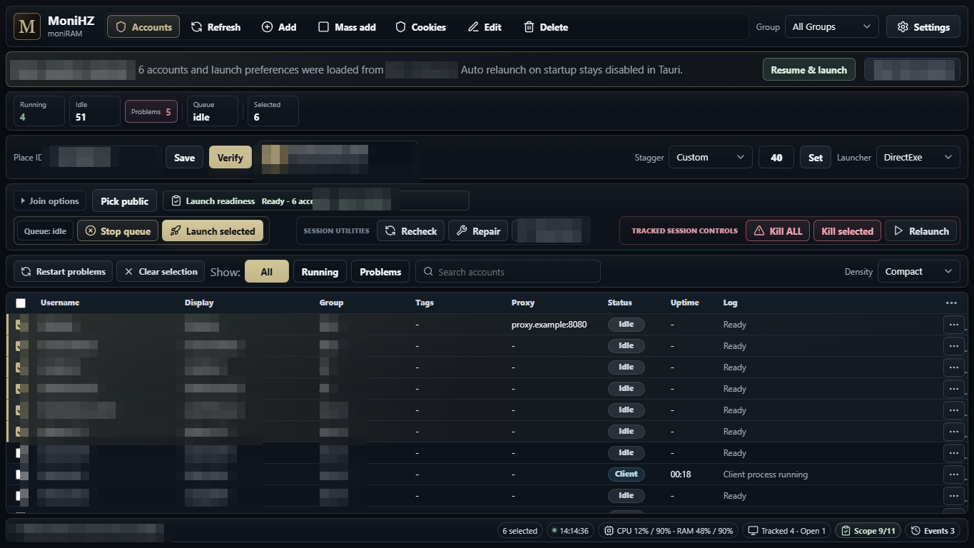 moniRAM desktop view: session table with launch staging controls, status, and tracked session controls