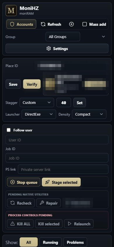 moniRAM compact responsive layout with launch staging controls